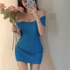 Short-sleeve Knit Mini Bodycon Dress Blue - One Size