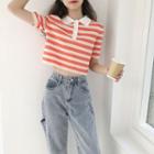Short-sleeve Cropped Striped Polo Shirt As Shown In Figure - One Size
