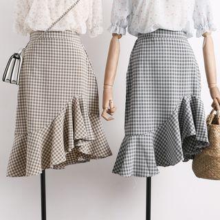 Ruffled-trim Asymmetric Plaid A-line Skirt