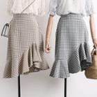 Ruffled-trim Asymmetric Plaid A-line Skirt