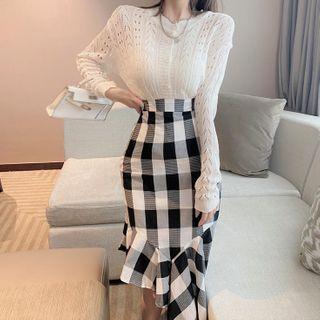 Plain Cardigan / Spaghetti Strap Top / Plaid Mermaid Skirt / Set
