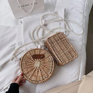 Faux Pearl Strap Woven Bucket Bag