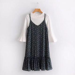 Set: Elbow-sleeve Top + Spaghetti Strap Dress