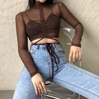 Long-sleeve Drawstring Turtleneck Mesh Crop Top