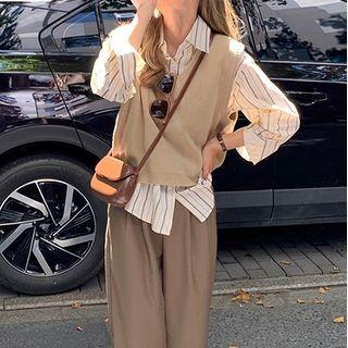 Striped Shirt / Sweater Vest / Wide Leg Dress Pants / Set