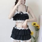 Set: Ruffled Lace Trim Cropped Camisole Top + Wide Leg Shorts