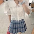 Short-sleeve Doll-collar Blouse / Plaid Pleated Mini Skirt