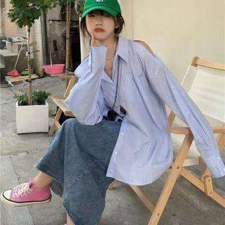 Long-sleeve Cold-shoulder Striped Loose-fit Shirt As Figure - One Size