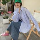 Long-sleeve Cold-shoulder Striped Loose-fit Shirt As Figure - One Size