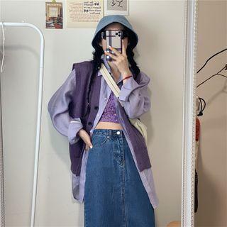 Long-sleeve Plain Shirt Light Purple - One Size