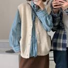 Striped Shirt / Knit Midi Skirt / Buttoned Vest