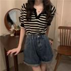 Elbow-sleeve Stripes Polo Shirt