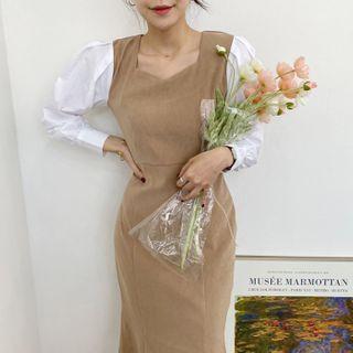 Square-neck Mock Two-piece Corduroy Panel Dress
