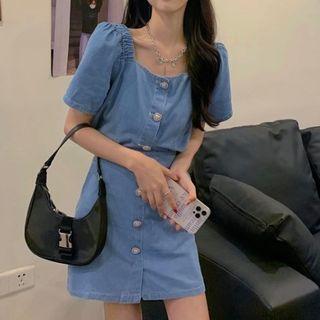 Set: Puff-sleeve Denim Top + Mini A-line Skirt