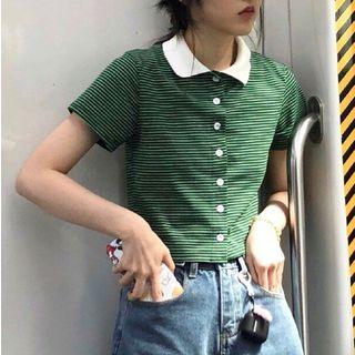 Short-sleeve Striped Button Top As Shown In Figure - One Size