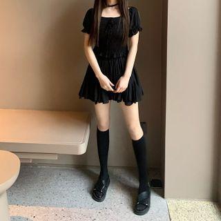 Set: Puff-sleeve Cropped Blouse + Mini A-line Skirt Blouse & Skirt - Black - One Size