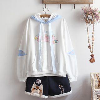 Pig Print Hoodie / Cat Embroidered Short / Set