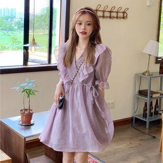 Short-sleeve V-neck Ruffled Mini A-line Dress Purple - One Size