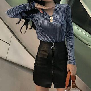 Long-sleeve Velvet Top / Faux Leather Mini A-line Skirt