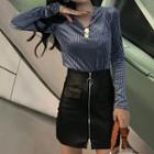 Long-sleeve Velvet Top / Faux Leather Mini A-line Skirt