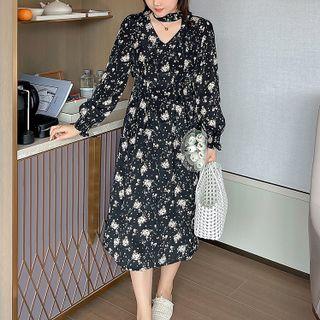Long-sleeve V-neck Floral Print Midi A-line Dress