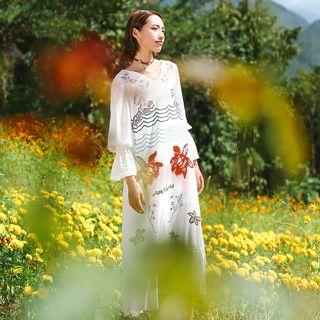 V-neck Printed Midi Long-sleeve Dress