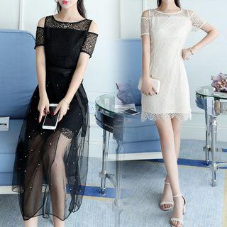 Set: Short-sleeve Cold-shoulder Mini Lace Dress + Beaded Midi Mesh Skirt