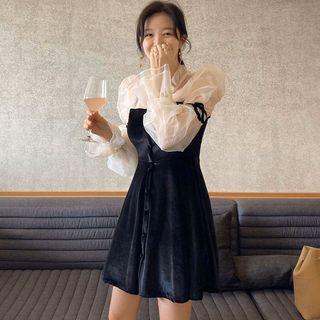 Bell-sleeve Mini A-line Velvet Dress As Shown In Figure - One Size