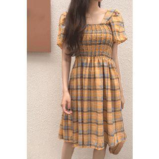 Square-neck Smocked Plaid Flare Dress