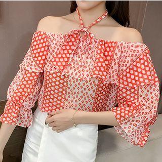 Patterned Ruffle Trim Off-shoulder Top