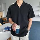 Open-placket Letter-patched T-shirt