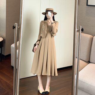 Double-breasted Cropped Blazer / Spaghetti-strap Midi A-line Dress