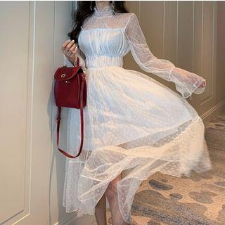 Long-sleeve Gathered-waist Lace Dress Off-white - One Size