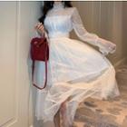 Long-sleeve Gathered-waist Lace Dress Off-white - One Size
