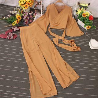 Set Of 2 : Bell-sleeve V-neck Lace-up Cropped Top + High-waist Slit Wide-leg Pants