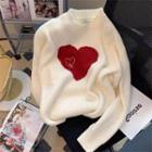 Heart Print Ribbed Sweater Almond - One Size