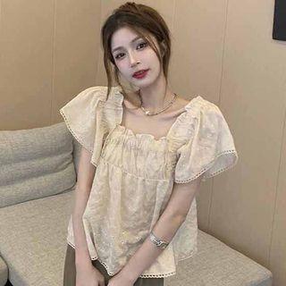 Short-sleeve Square Neck Hook Flower Flowy Blouse Almond - One Size