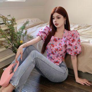 Short-sleeve Square-neck Floral Top Pink - One Size