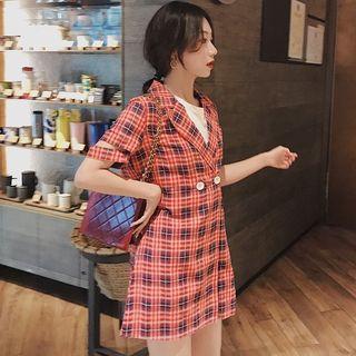 Set: Short-sleeve Double Breasted Plaid Blazer + Dress Shorts