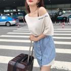 Letter Embroidered Elbow Sleeve T-shirt / Striped A-line Skirt