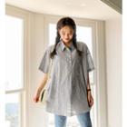 Tall Size Half-placket Short-sleeve Boxy Stripe Shirt