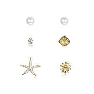925 Sterling Silver Plated Gold Simple Starfish Small Flower Shell Three-piece Stud Earrings Golden - One Size