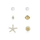 925 Sterling Silver Plated Gold Simple Starfish Small Flower Shell Three-piece Stud Earrings Golden - One Size