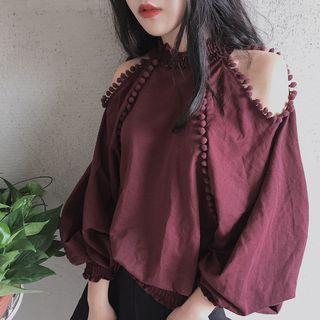 Cut Out Shoulder Pompom 3/4 Sleeve Top