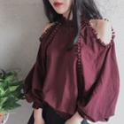 Cut Out Shoulder Pompom 3/4 Sleeve Top