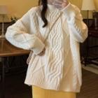 Linen Flower Design Long-sleeve Knit Sweater White - One Size