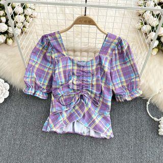 Drawstring Check Ruffle Blouse