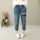 Bear Embroidered Cropped Straight-leg Jeans