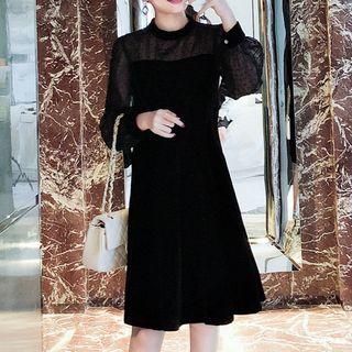 Long-sleeve Mesh Panel A-line Velvet Dress
