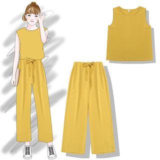 Set: Sleeveless T-shirt + Drawstring Waist Wide-leg Pants
